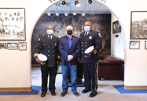 CAVHCS Fire Chief Larry Foy, Dr. David M. Walker, Network Director VA Southeast Network and Capt. Robert Smith, CAVHCS Firefighter, pictured here after a ceremony, which recognized Smith for his life-saving actions. (Photo by Maria Vinson, CAVHCS Public Affairs)